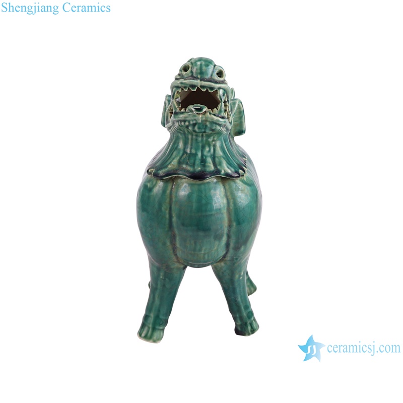RZKR55 Home decoration Dark Green Glazed Animal Unicorn Chinese Kylin Ceramic sculpture Statues --positive view