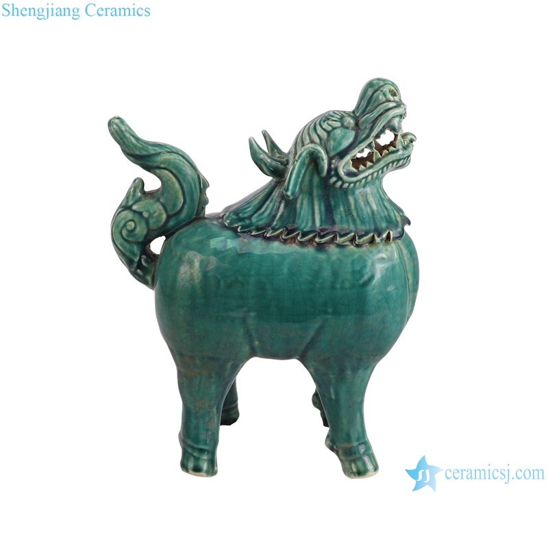 RZKR55 Home decoration Dark Green Glazed Animal Unicorn Chinese Kylin Ceramic sculpture Statues --side view