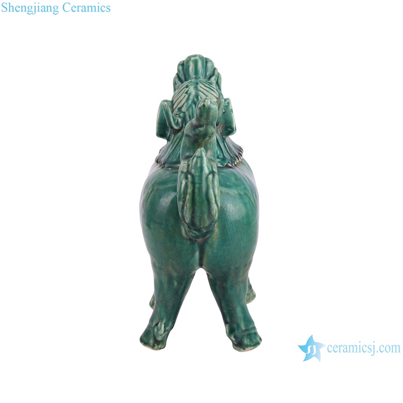 RZKR55 Home decoration Dark Green Glazed Animal Unicorn Chinese Kylin Ceramic sculpture Statues --back view