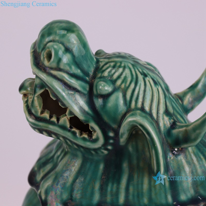 RZKR55 Home decoration Dark Green Glazed Animal Unicorn Chinese Kylin Ceramic sculpture Statues --head detail