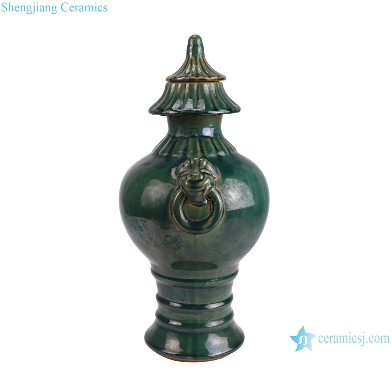 RZKR56 Dark Green Glazed Irregular shape Lion's ear Ceramic Pot Crack design Porcelain Jars--lion view