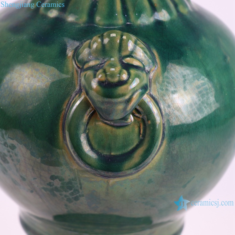 RZKR56 Dark Green Glazed Irregular shape Lion's ear Ceramic Pot Crack design Porcelain Jars--closer view