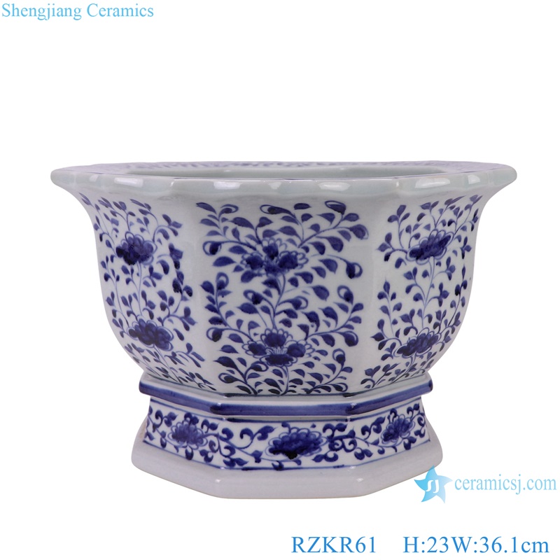 RZKR61 Blue and White Porcelain Octagonal Shape Garden planter Twisted flower pattern Ceramic flower pot 