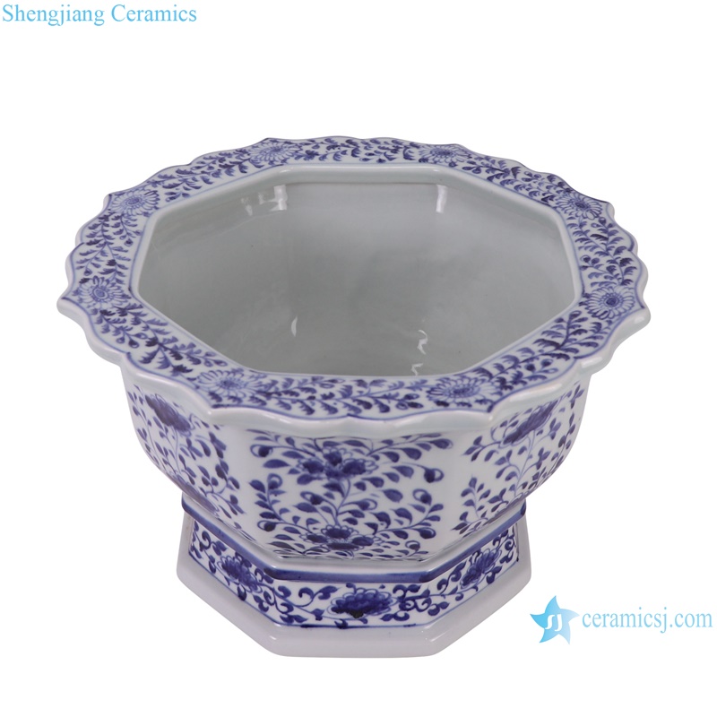 RZKR61 Blue and White Porcelain Octagonal Shape Garden planter Twisted flower pattern Ceramic flower pot --vertical view