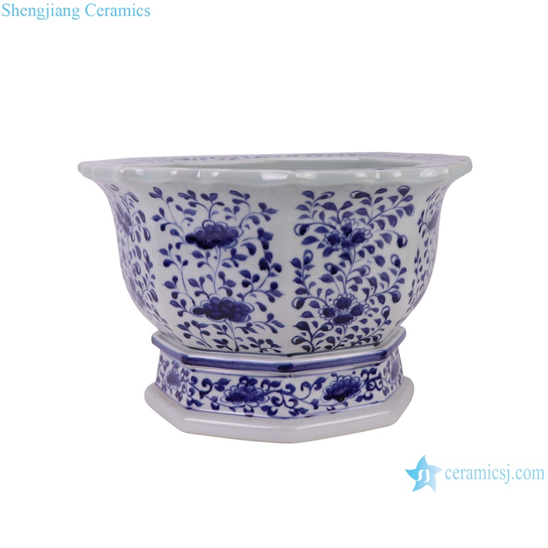 RZKR61 Blue and White Porcelain Octagonal Shape Garden planter Twisted flower pattern Ceramic flower pot --side view