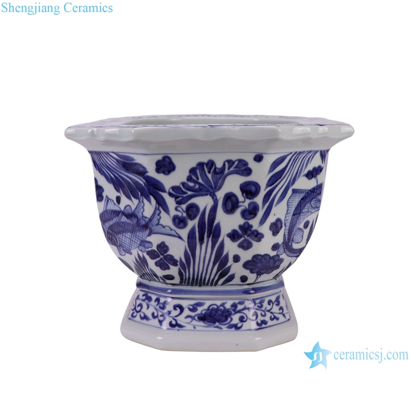 RZKR62 Blue and white fish-algae pattern Ceramic Garden planter octagonal Porcelain flower pot --side view