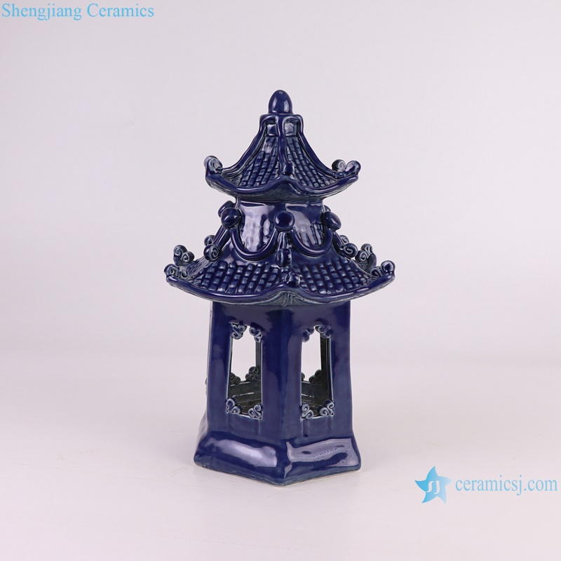 RZKR63-A Ceramic Pagoda Statues Dark Blue and white color Flower Pattern -- blue color side view