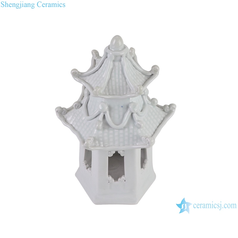 RZKR63-B Ceramic Pagoda Statues Dark Blue and white color Flower Pattern -- white color vertical view