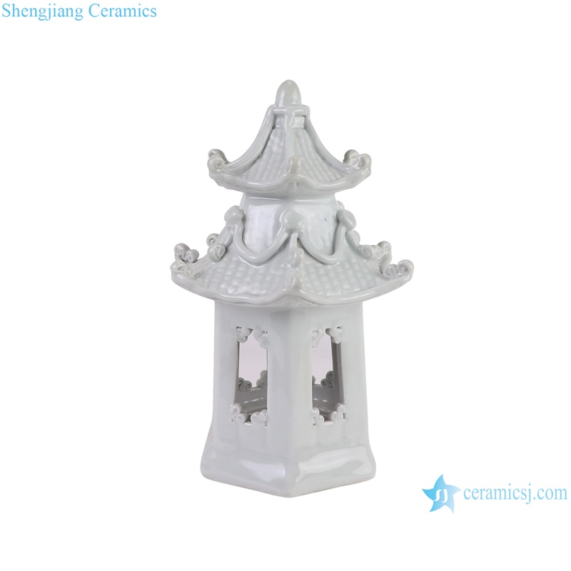 RZKR63-B Ceramic Pagoda Statues Dark Blue and white color Flower Pattern -- white color side view