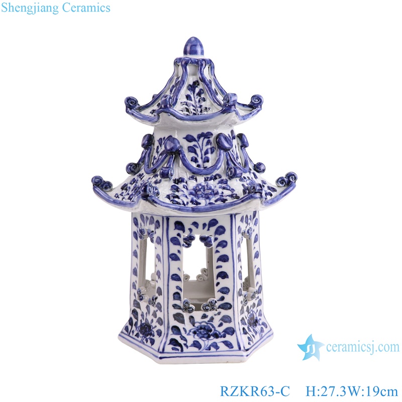 RZKR63-C Ceramic Pagoda Statues Dark Blue and white color Flower Pattern -- Blue and white color 