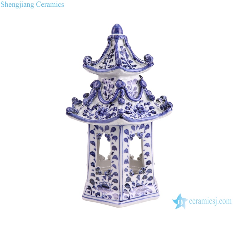 RZKR63-C Ceramic Pagoda Statues Dark Blue and white color Flower Pattern -- Blue and white color side view