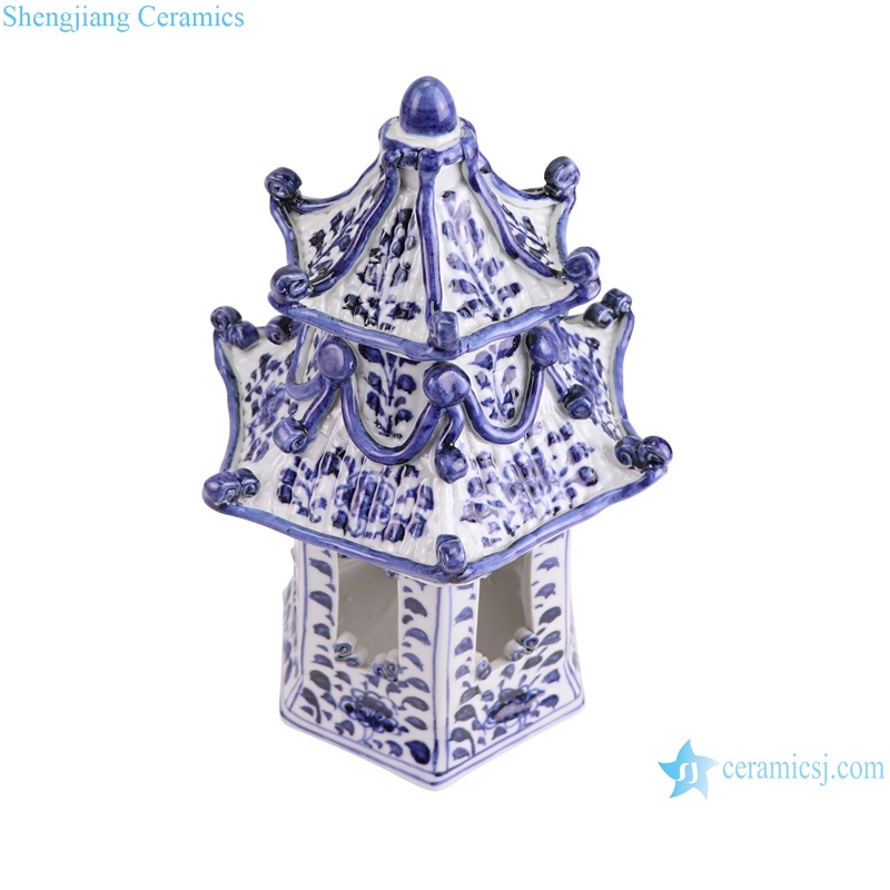 RZKR63-C Ceramic Pagoda Statues Dark Blue and white color Flower Pattern -- Blue and white color vertical view