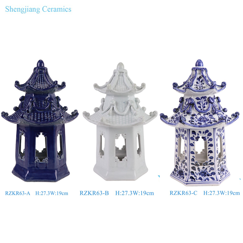 RZKR63-A-B-C Ceramic Pagoda Statues Dark Blue and white color Flower Pattern 