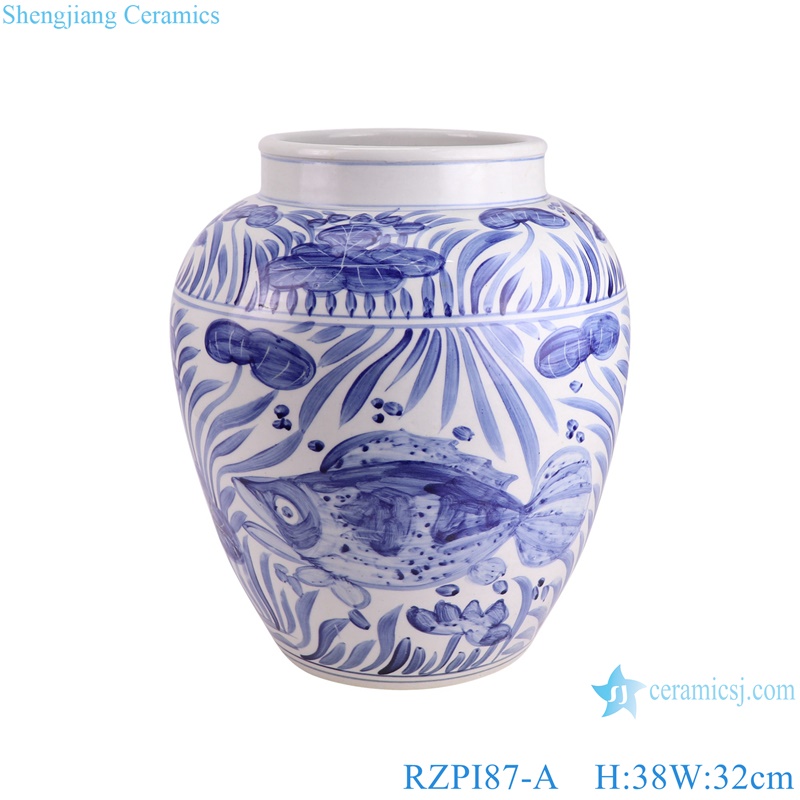 RZPI87-A Antique Blue and white Gourd Ceramic Ceramic Flower pot Vase with fish and algae pattern