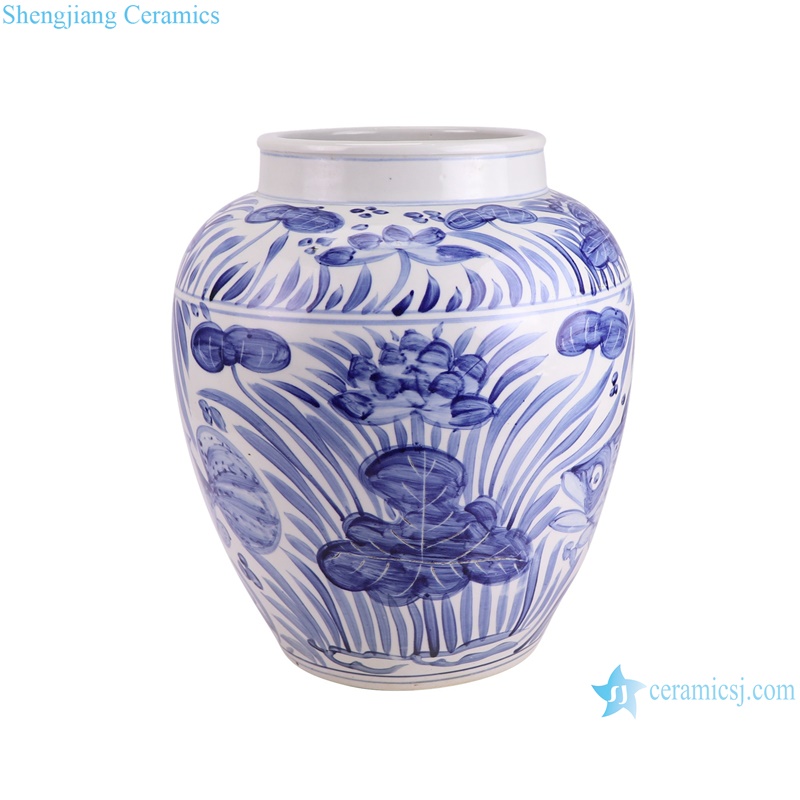 RZPI87-A Antique Blue and white Gourd Ceramic Ceramic Flower pot Vase with fish and algae pattern-- side view