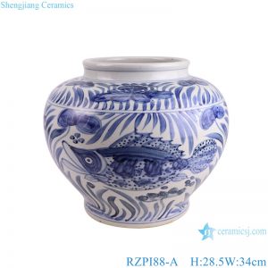 RZPI88-A Antique Porcelain Blue and white Belly shape fish and algae pattern Ceramic Flower pot