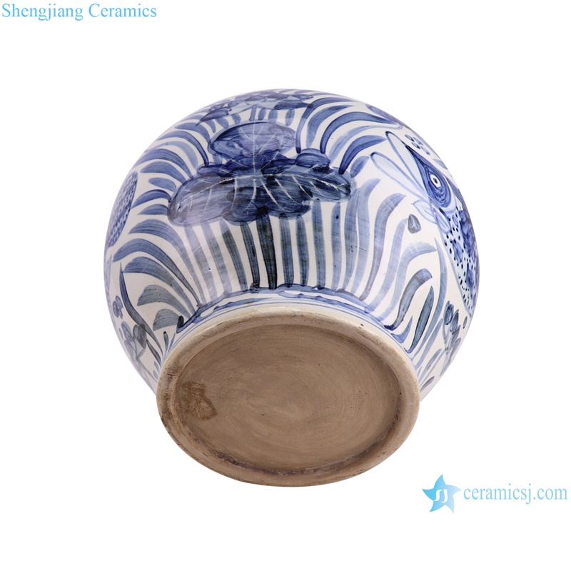 RZPI88-A Antique Porcelain Blue and white Belly shape fish and algae pattern Ceramic Flower pot--bottom view
