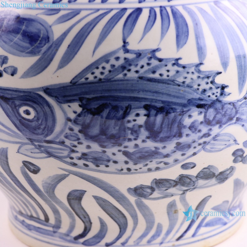 RZPI88-A Antique Porcelain Blue and white Belly shape fish and algae pattern Ceramic Flower pot-- closer fish view