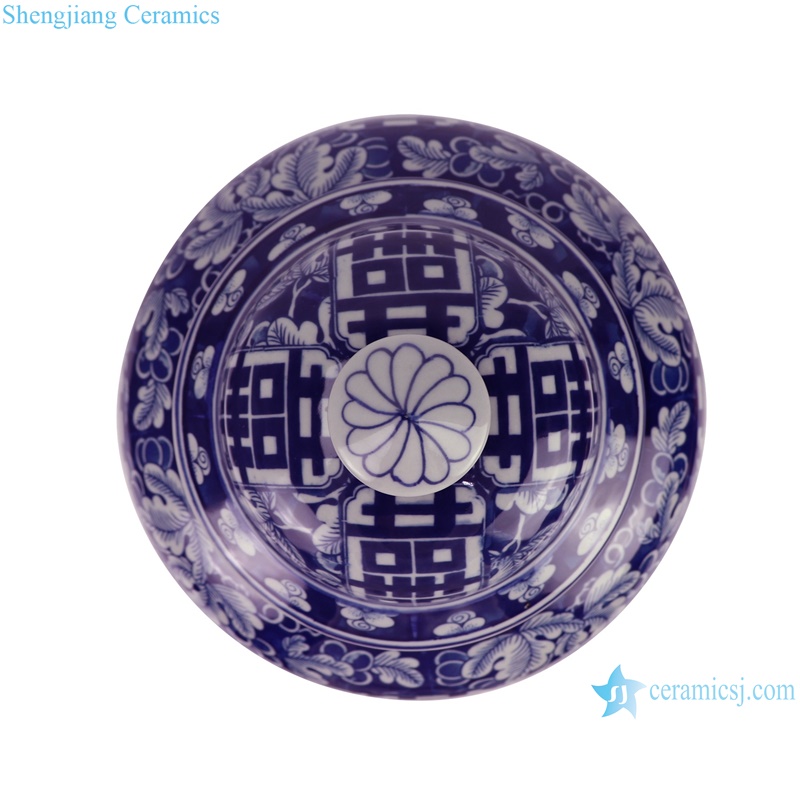 RZSI29-B Dark Blue Grape Leaf Patterns Happiness letter Porcelain Jars Ceramic Pot -lid view