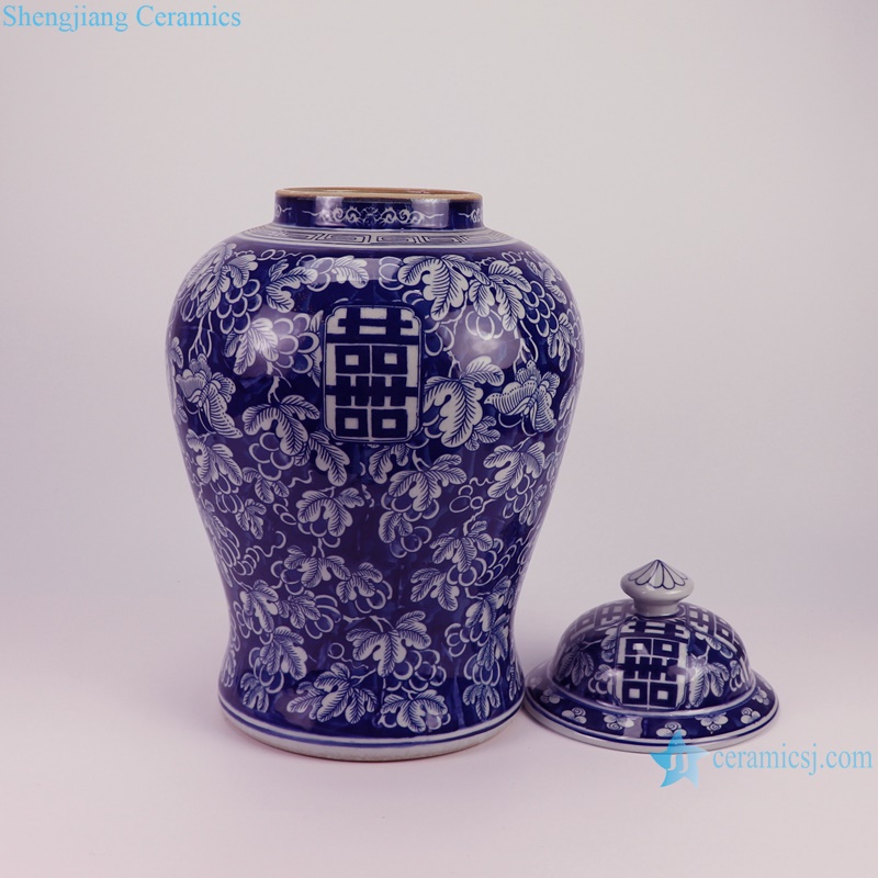RZSI29-B Dark Blue Grape Leaf Patterns Happiness letter Porcelain Jars Ceramic Pot --Separate