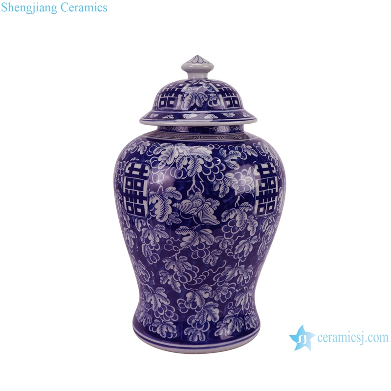 RZSI29-B Dark Blue Grape Leaf Patterns Happiness letter Porcelain Jars Ceramic Pot --side view