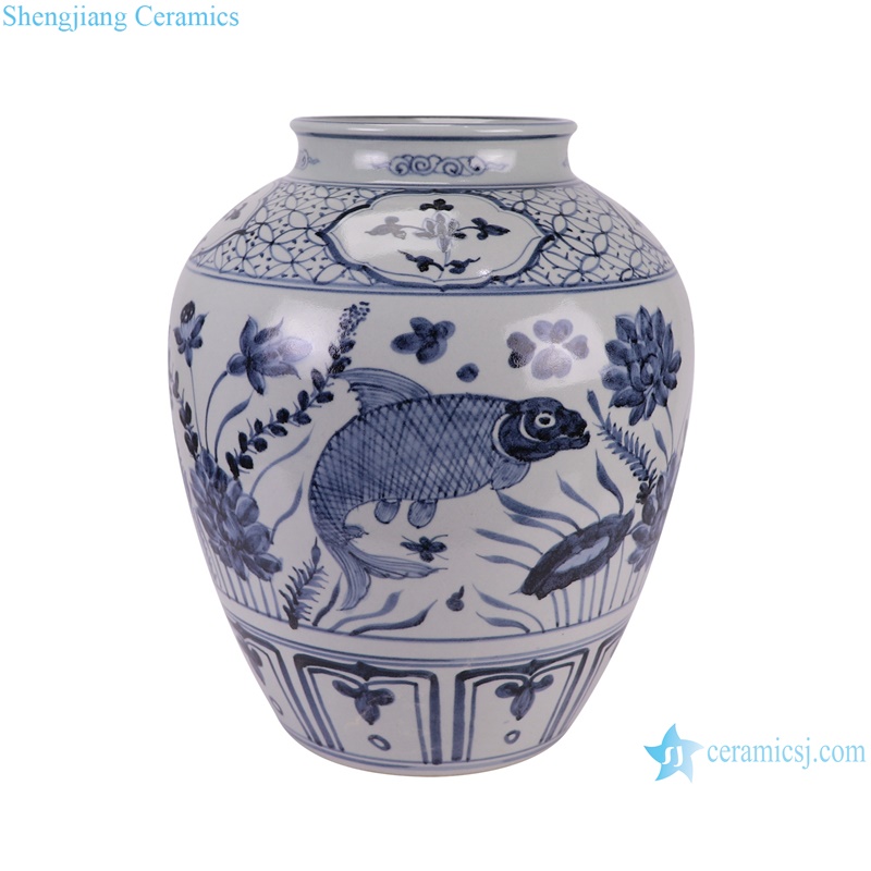 RZSX80-A Blue and White Porcelain Fish Lines and patterns Ceramic Flower Vase-- fish side