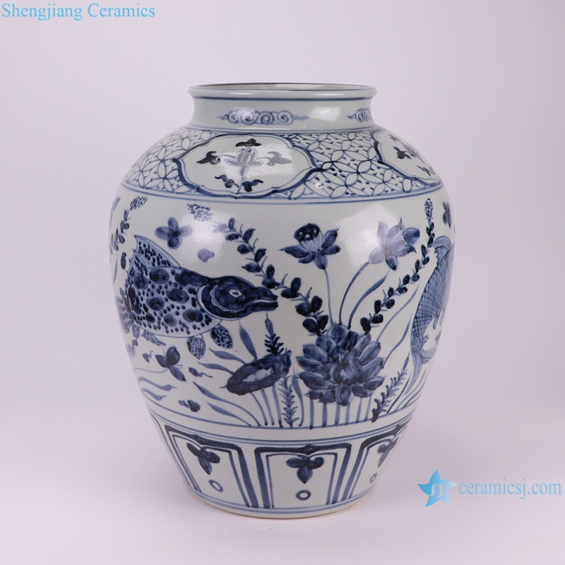RZSX80-A Blue and White Porcelain Fish Lines and patterns Ceramic Flower Vase-- Sea Plant view