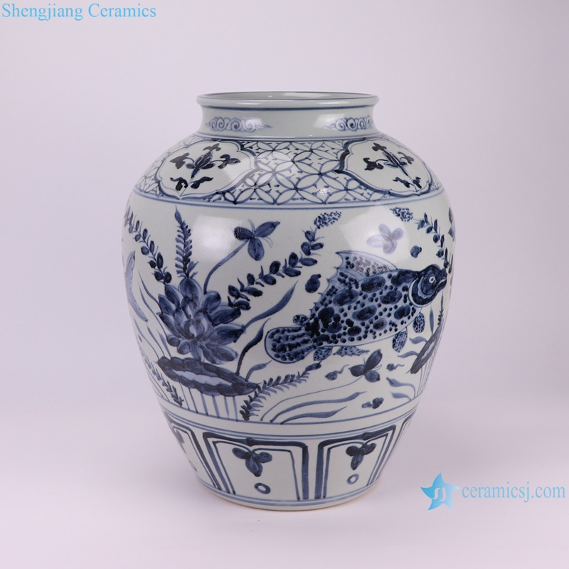 RZSX80-A Blue and White Porcelain Fish Lines and patterns Ceramic Flower Vase-- side view