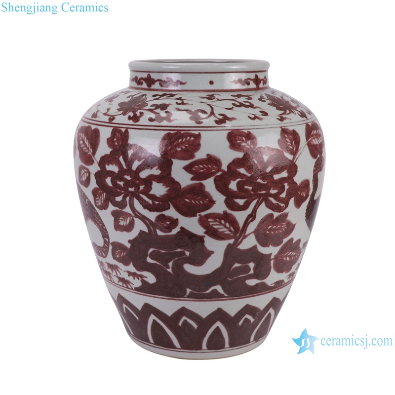 RZSX80-B Jingdezhen Handcraft Underglazed red Phoenix Flowers and Birds Ceramic Flower Vase--flower side