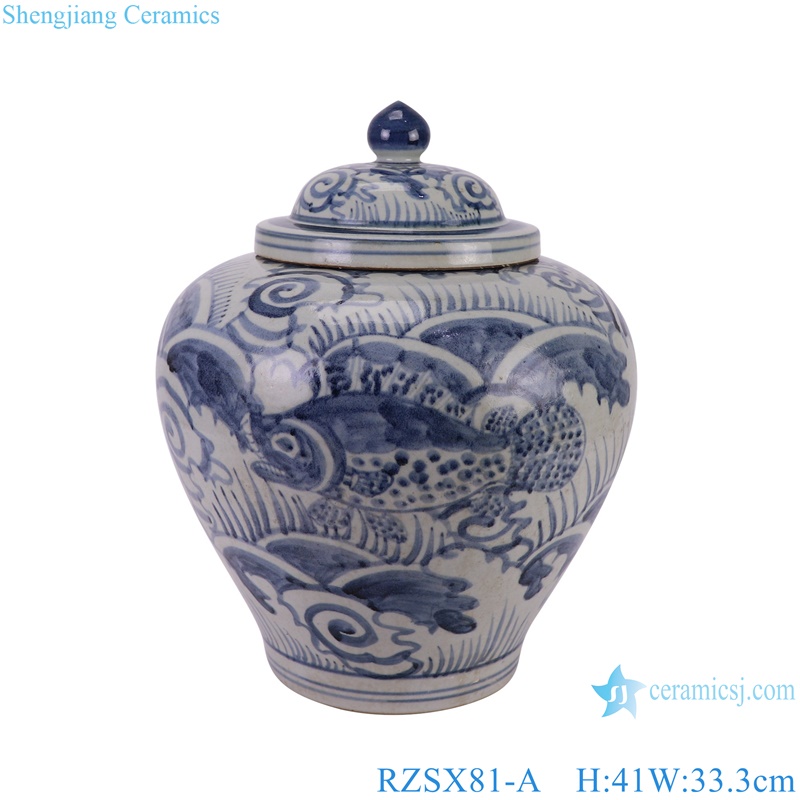RZSX81-A Blue and White Porcelain Sea Grass Fish Pattern Antique Design Flat Belly shape Ceramic Storage Pot Jars