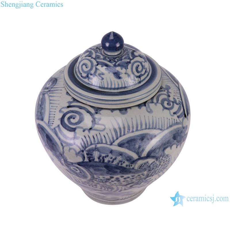 RZSX81-A Sea Grass Fish Pattern Antique Design Flat Belly shape Ceramic Storage Pot Jars--vertical view