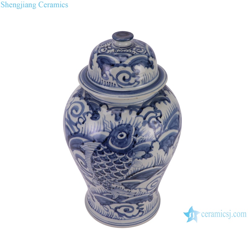 RZSX82-A Antique Surface Seawater and Fish Pattern Ceramic General Pot Porcelain Lid jars--vertical view