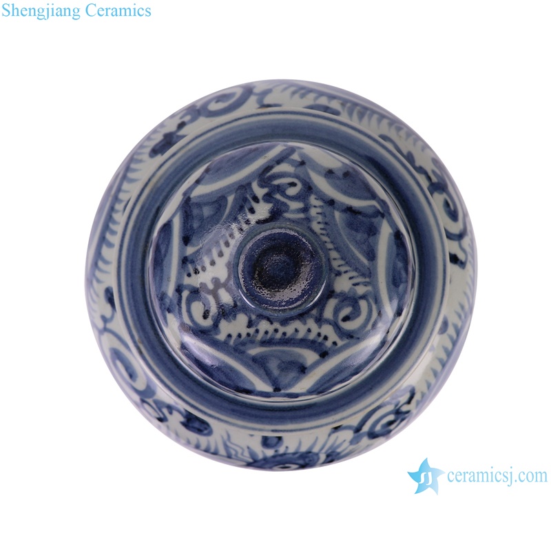RZSX82-A Antique Surface Seawater and Fish Pattern Ceramic General Pot Porcelain Lid jars--top view