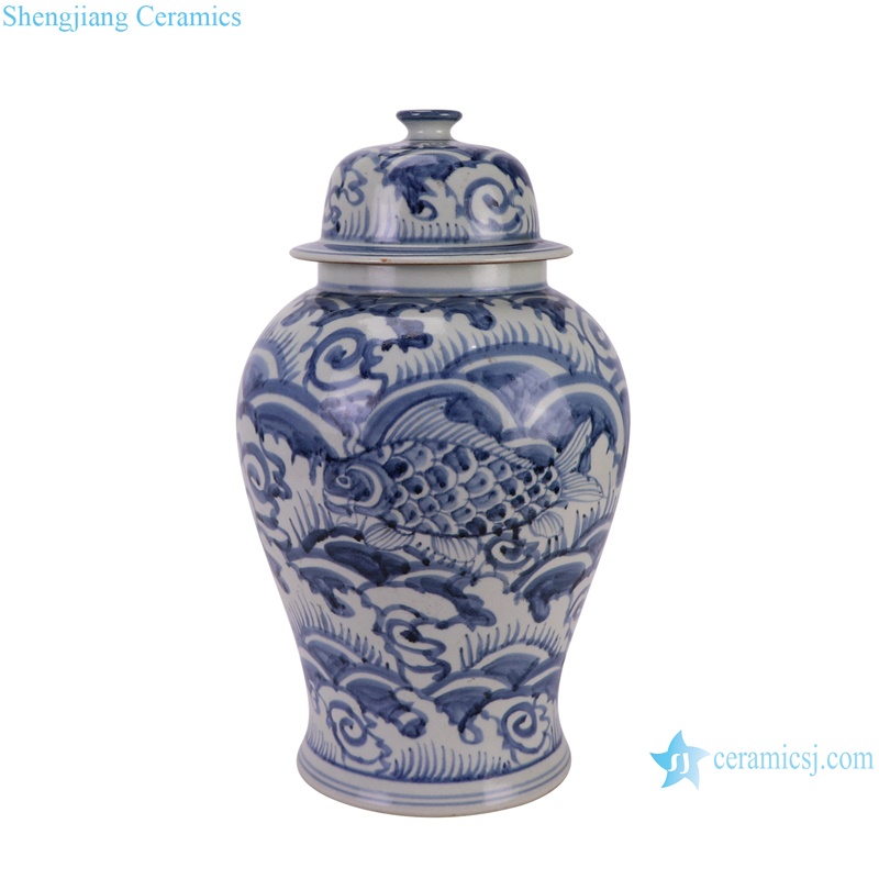 RZSX82-A Antique Surface Seawater and Fish Pattern Ceramic General Pot Porcelain Lid jars--side view