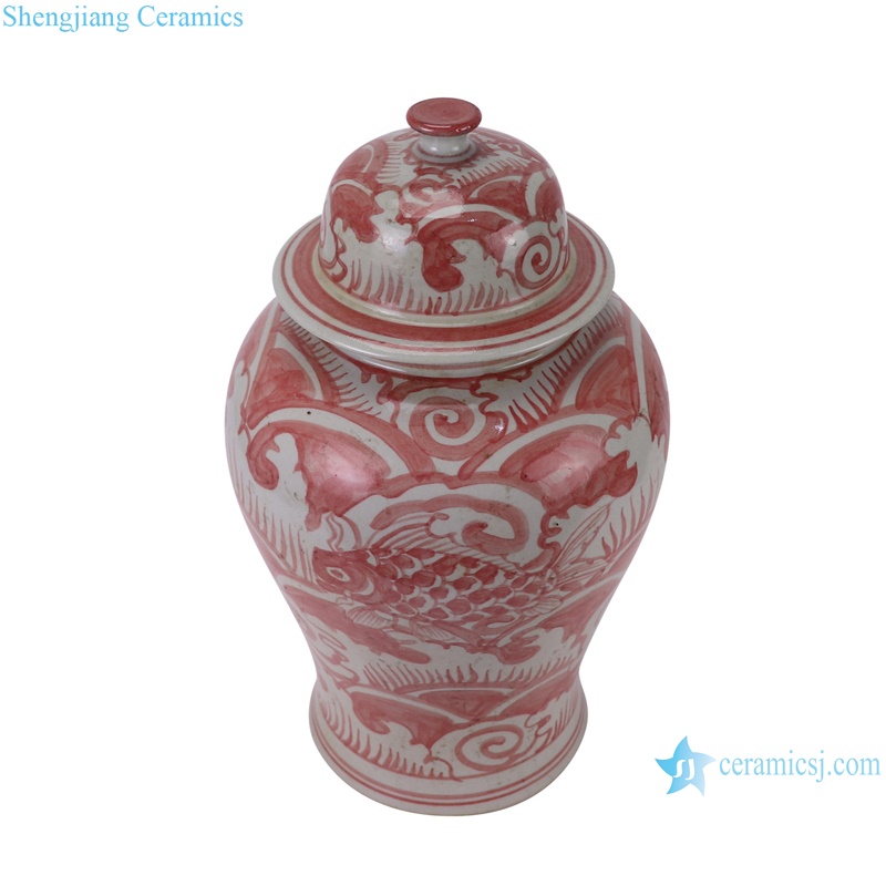RZSX82-C Jingdezhen Antique Seawater and Fish Pattern Under glazed Red Porcelain jars--vertical view