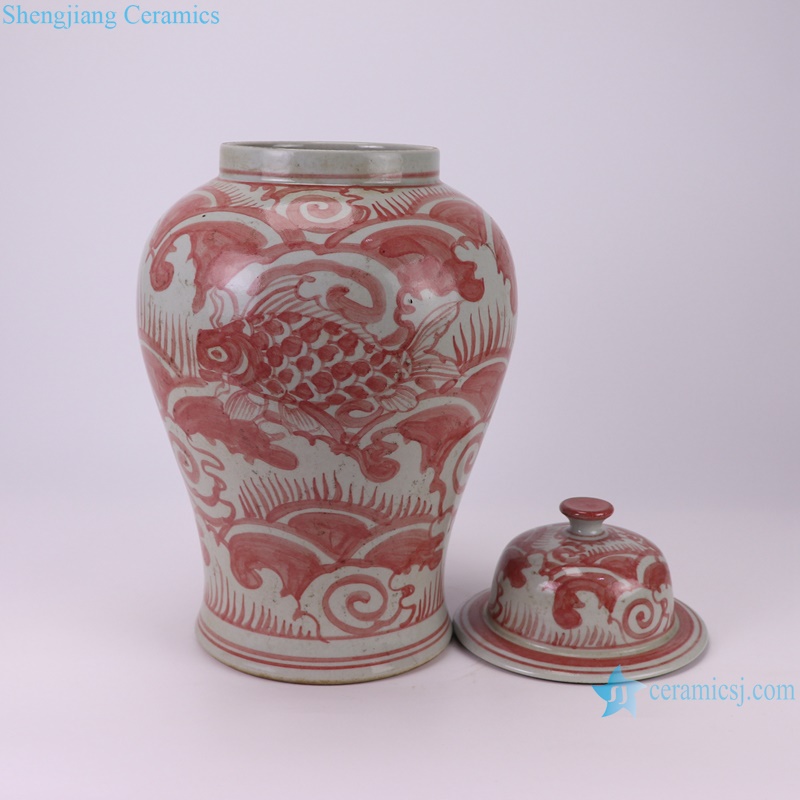 RZSX82-C Jingdezhen Antique Seawater and Fish Pattern Under glazed Red Porcelain jars--separate