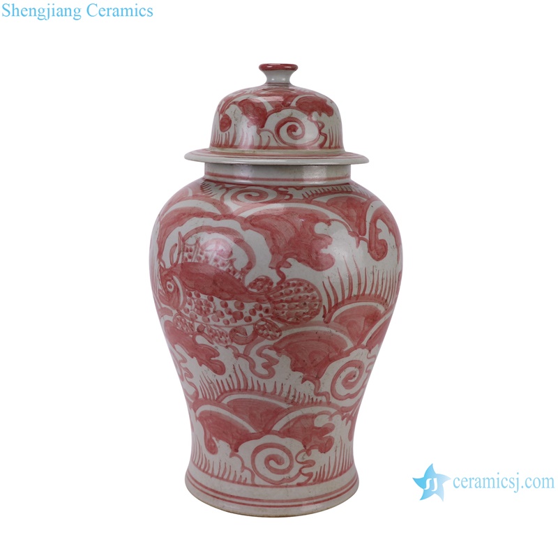 RZSX82-C Jingdezhen Antique Seawater and Fish Pattern Under glazed Red Porcelain jars--side view