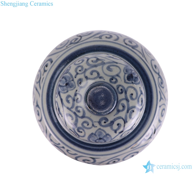 RZSX83-D Jingdezhen Hand panited Blue and White Twisted Flower Pattern Ceramic Pot Porcelain jars--top view