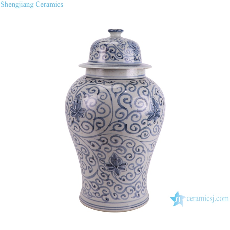 RZSX83-D Jingdezhen Hand panited Blue and White Twisted Flower Pattern Ceramic Pot Porcelain jars--side view