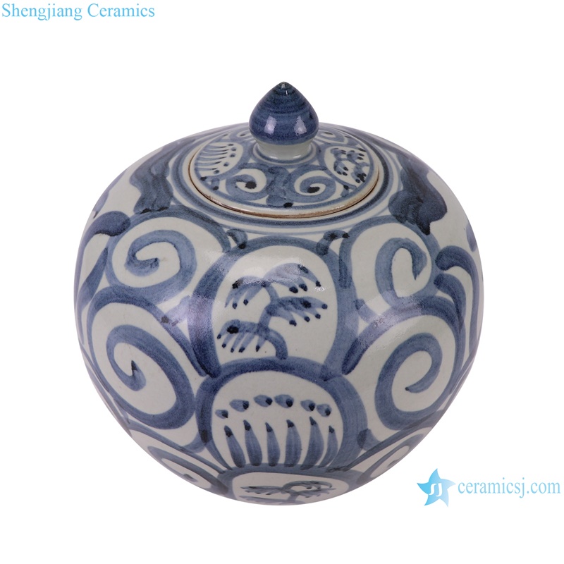 RZSX83-A Ceramic Watermelon shape Ceramic Pot Porcelain Jars with Simple Landscape Pattern--vertical view