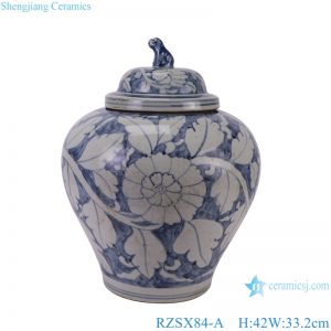 RZSX84-A Blue and White Jingdezhen Antique Peony Flower Pattern Porcelain Dog Lidded Jars