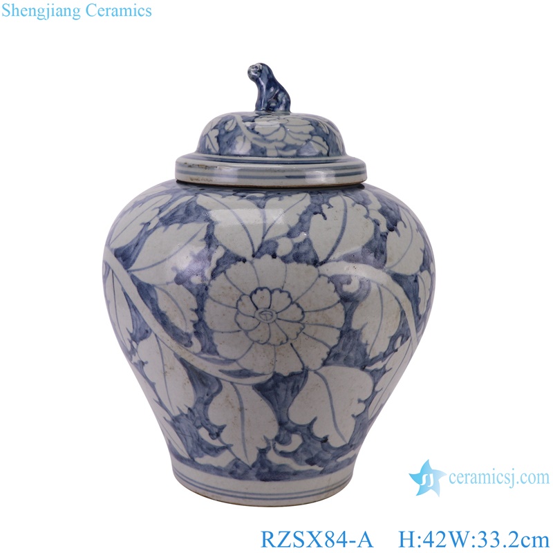 RZSX84-A Blue and White Jingdezhen Antique Peony Flower Pattern Porcelain Dog Lidded Jars
