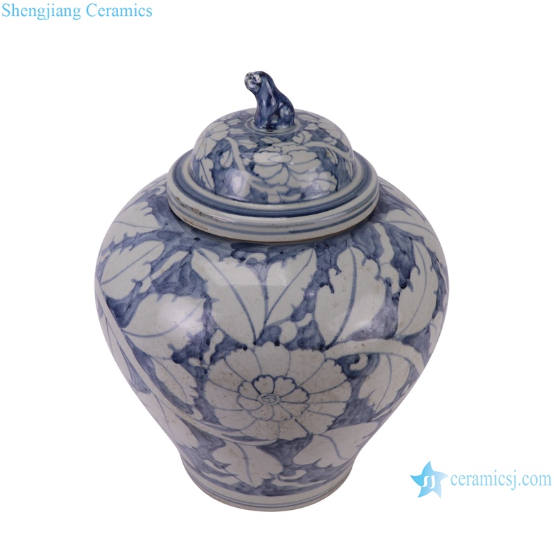 RZSX84-A Blue and White Jingdezhen Antique Peony Flower Pattern Porcelain Dog Lidded Jars--vertical view