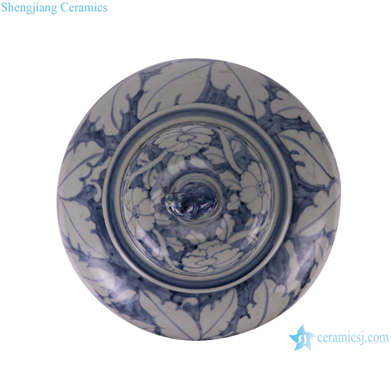 RZSX84-A Blue and White Jingdezhen Antique Peony Flower Pattern Porcelain Dog Lidded Jars--top view