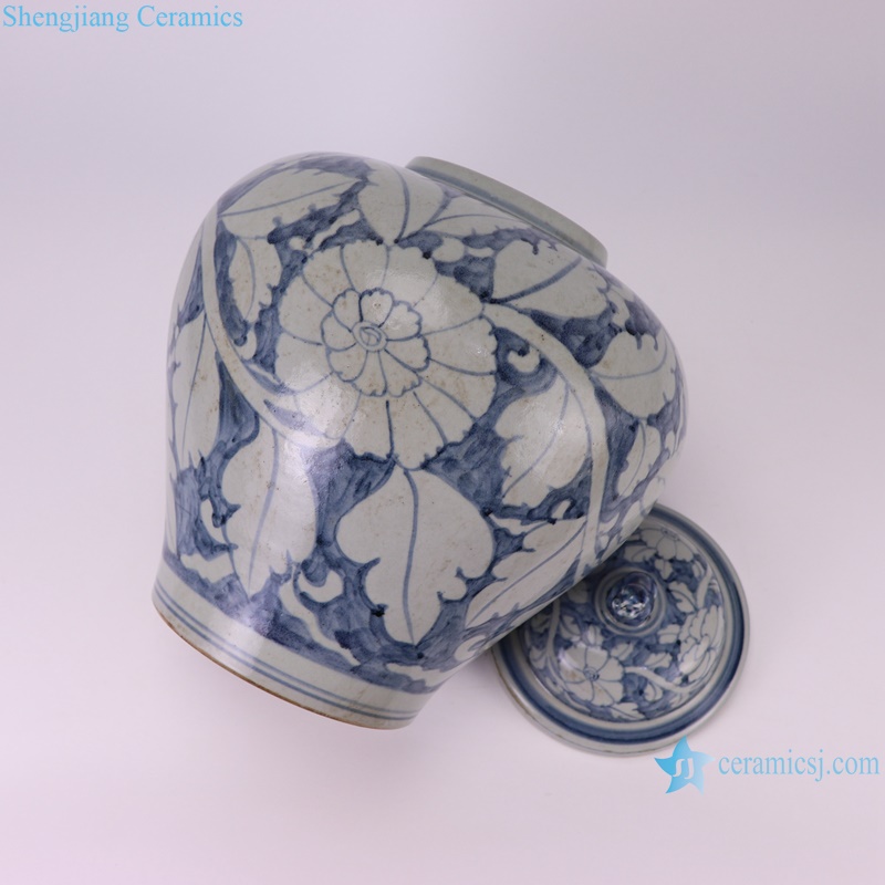 RZSX84-A Blue and White Jingdezhen Antique Peony Flower Pattern Porcelain Dog Lidded Jars--lay down