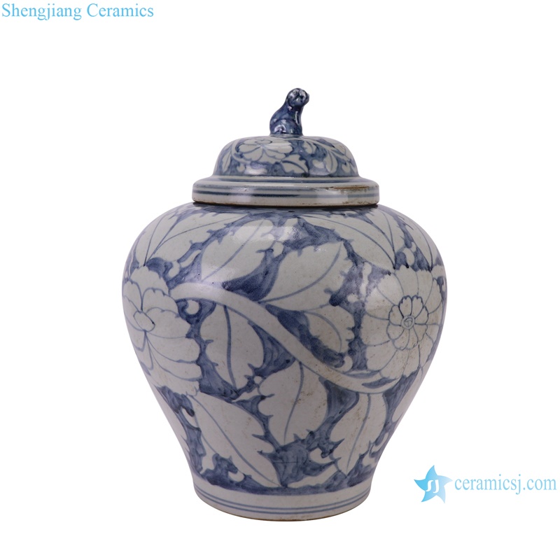 RZSX84-A Blue and White Jingdezhen Antique Peony Flower Pattern Porcelain Dog Lidded Jars-side view
