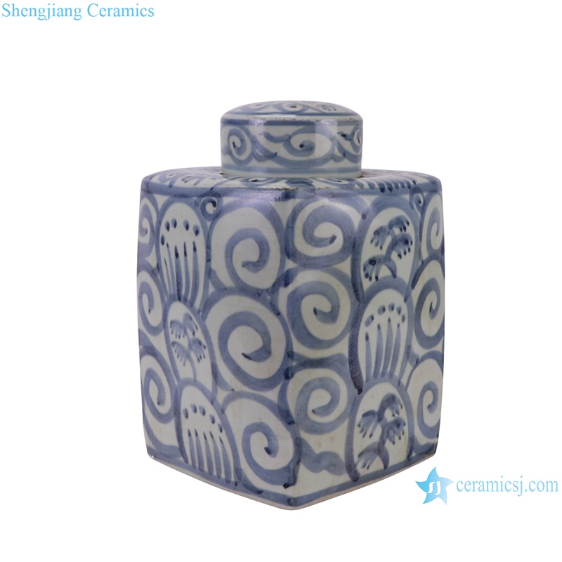 RZSX85-A Simple Landscape Pattern Jingdezhen porcelain Square shape Ceramic Tea Canisters Pot--Side view