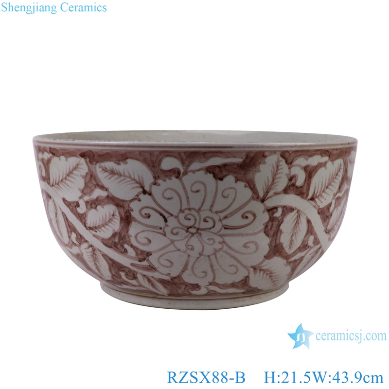 RZSX88-B Antique Underglazed Red Peony Flower Pattern Ceramic Flower pot Big Bowl 