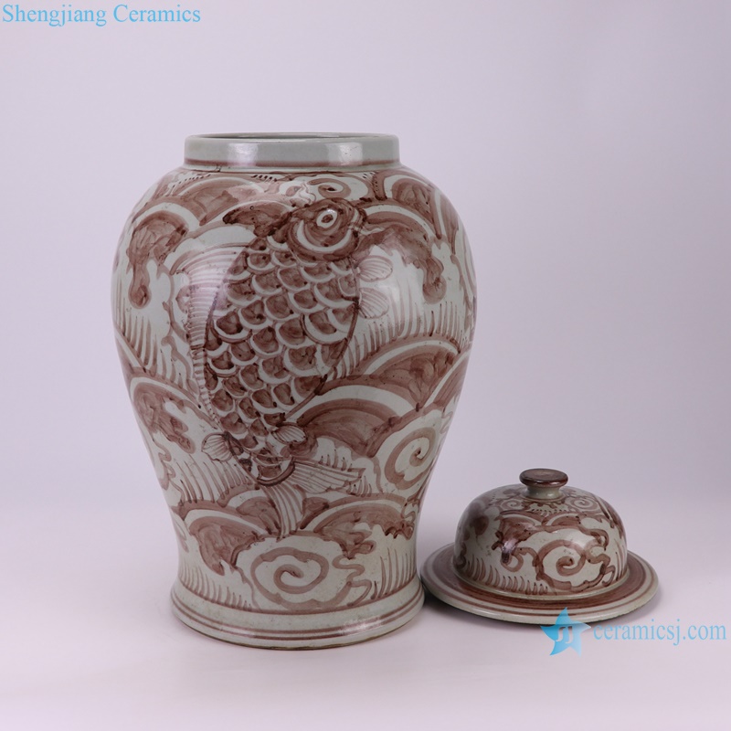 RZSX91 Antique Underglaze red Hongwu Seawater and fish Pattern Porcelain jars Pot--separate