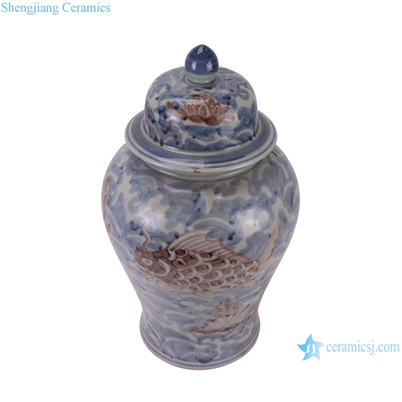 RZSX92 Jingdezhen Under glazed Red Fish seawater Pattern Porcelain jars Ceramic General Pot--vertical view